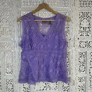 Y2K Lilac‎ Purple Sheer Lace Babydoll V Neck Sleeveless Tank Top Sz Petite Large